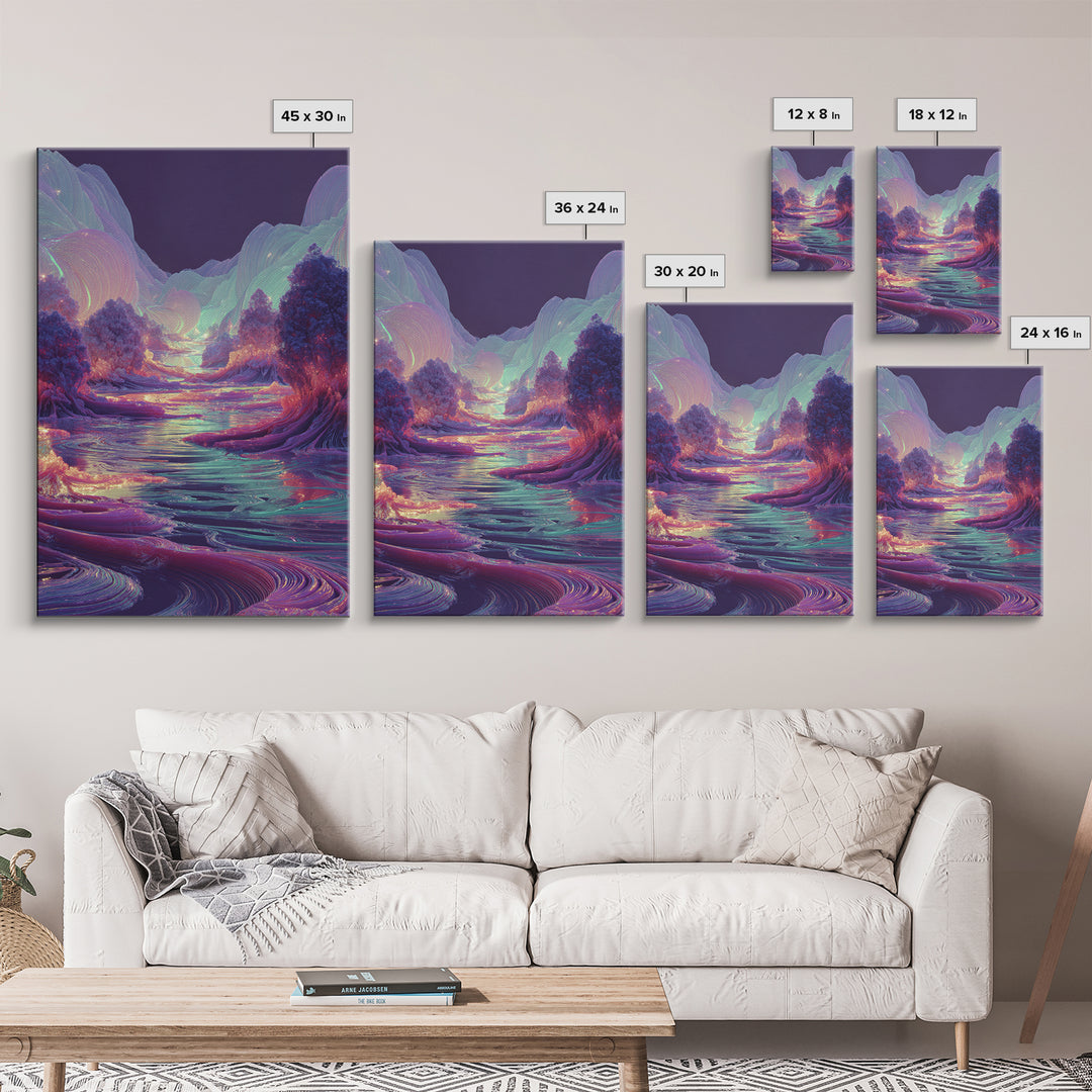 Iridescent Fantasy River Wall Art, Dreamy Alien Landscape Canvas, Colorful Nature Decor, Surreal Bedroom Art Print Gift Idea
