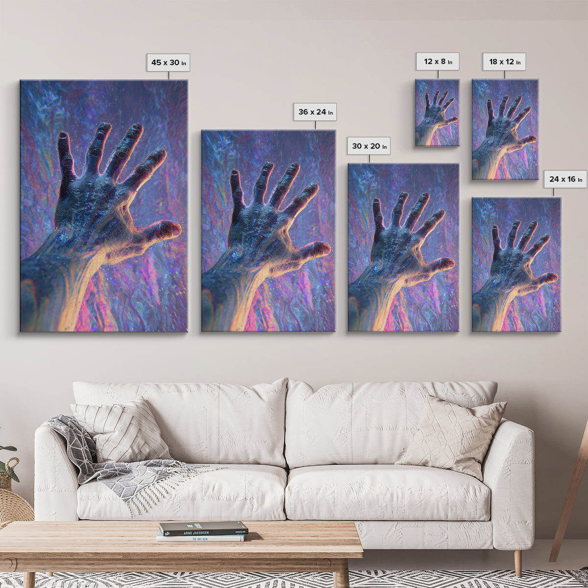 Glowing Reaching Hand Canvas Print, Surreal Human Figure Wall Art, Spiritual Energy Decor, Abstract Psychedelic Gift Idea