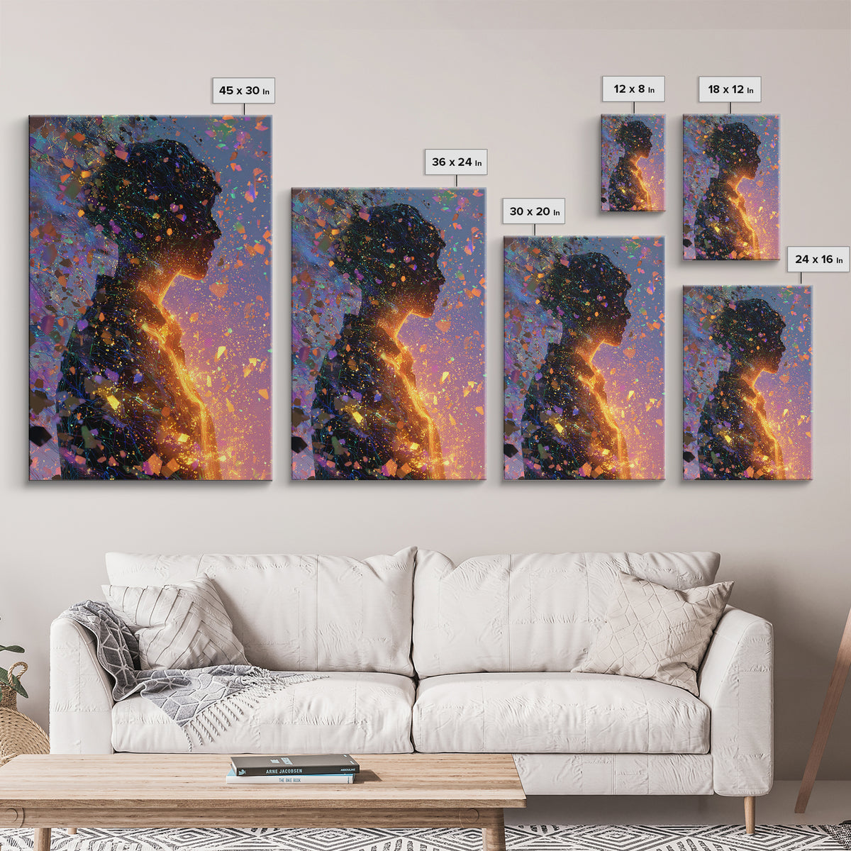 Glowing Woman Silhouette With Confetti Wall Art, Abstract Figurative Art Print, Feminine Wall Art, Colorful Modern Decor