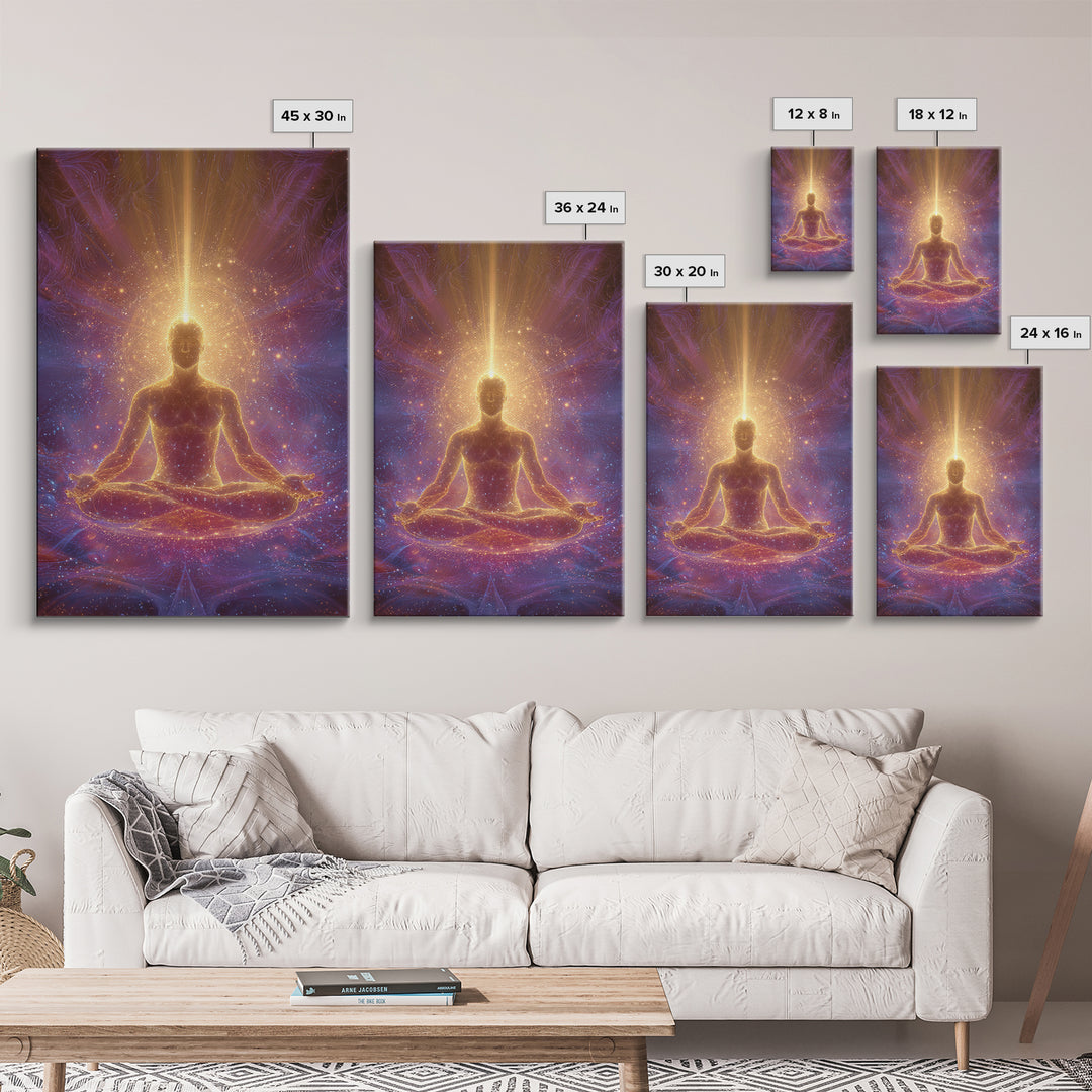 Spiritual Meditation Man Illuminated In Cosmic Energy Glow Wall Art Canvas Print For Mindfulness Home And Yoga
