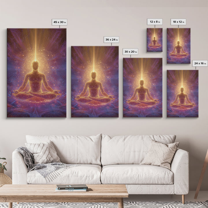 Spiritual Meditation Man Illuminated In Cosmic Energy Glow Wall Art Canvas Print For Mindfulness Home And Yoga