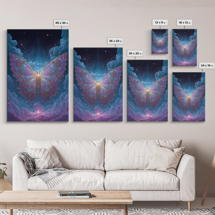 Radiant Celestial Butterfly Framed Canvas Print, Fantasy Insect Wall Art, Mystical Cloud Decor, Ethereal Nursery Gift Idea