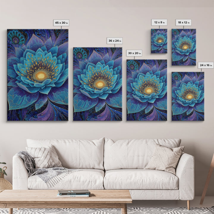 Radiant Blue Lotus Flower Wall Art, Spiritual Botanical Print, Meditation Room Decor, Boho Yoga Studio Canvas Gift For Her