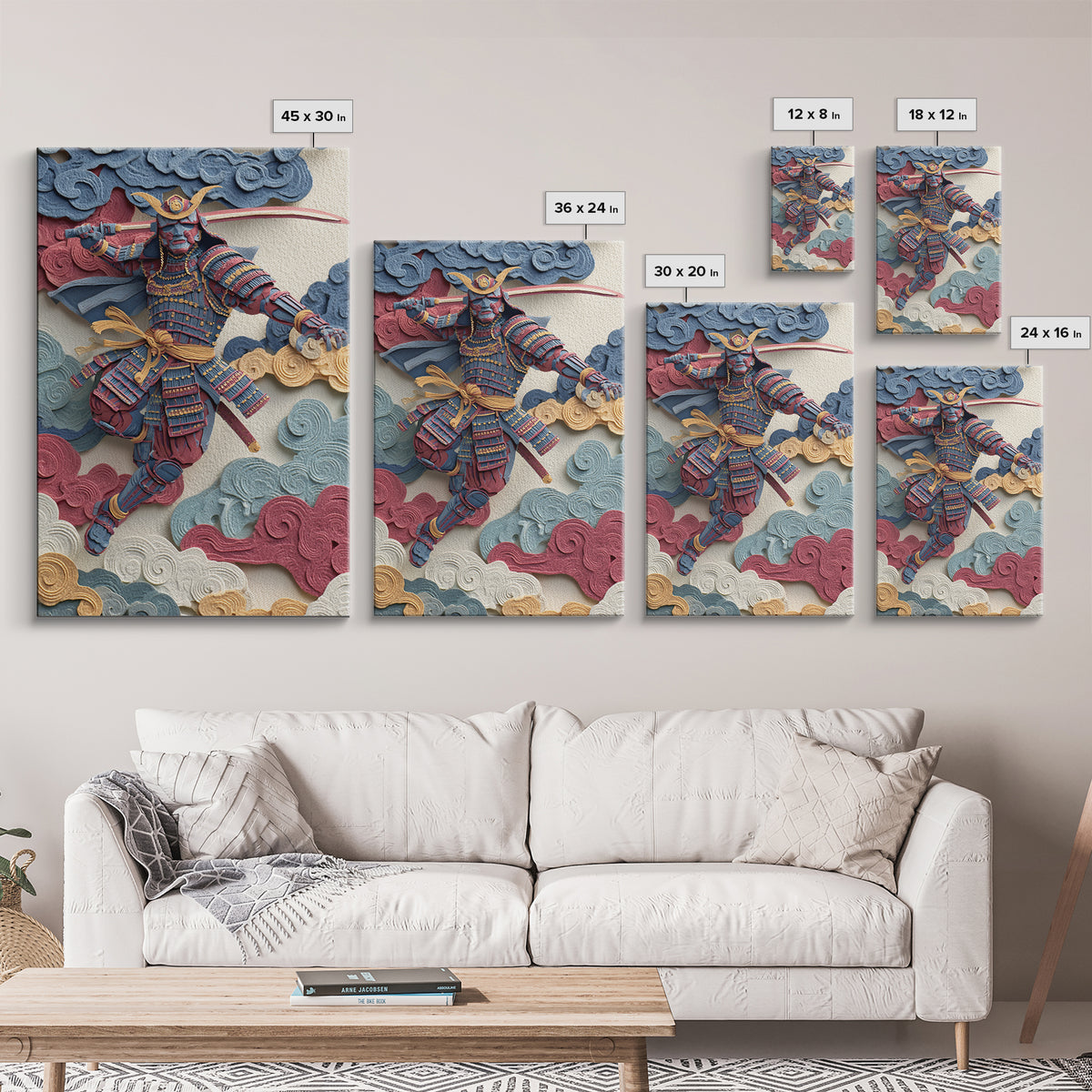 Blue Red Samurai Warrior With Katana Framed Canvas Print, Japanese Wall Art For Martial Arts Decor And Masculine Office Decor