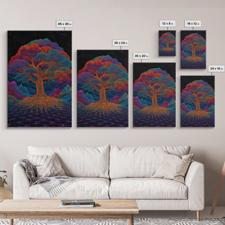 Vibrant Psychedelic Rainbow Tree With Abstract Roots Wall Art Canvas Print For Living Room And Boho Home Decor