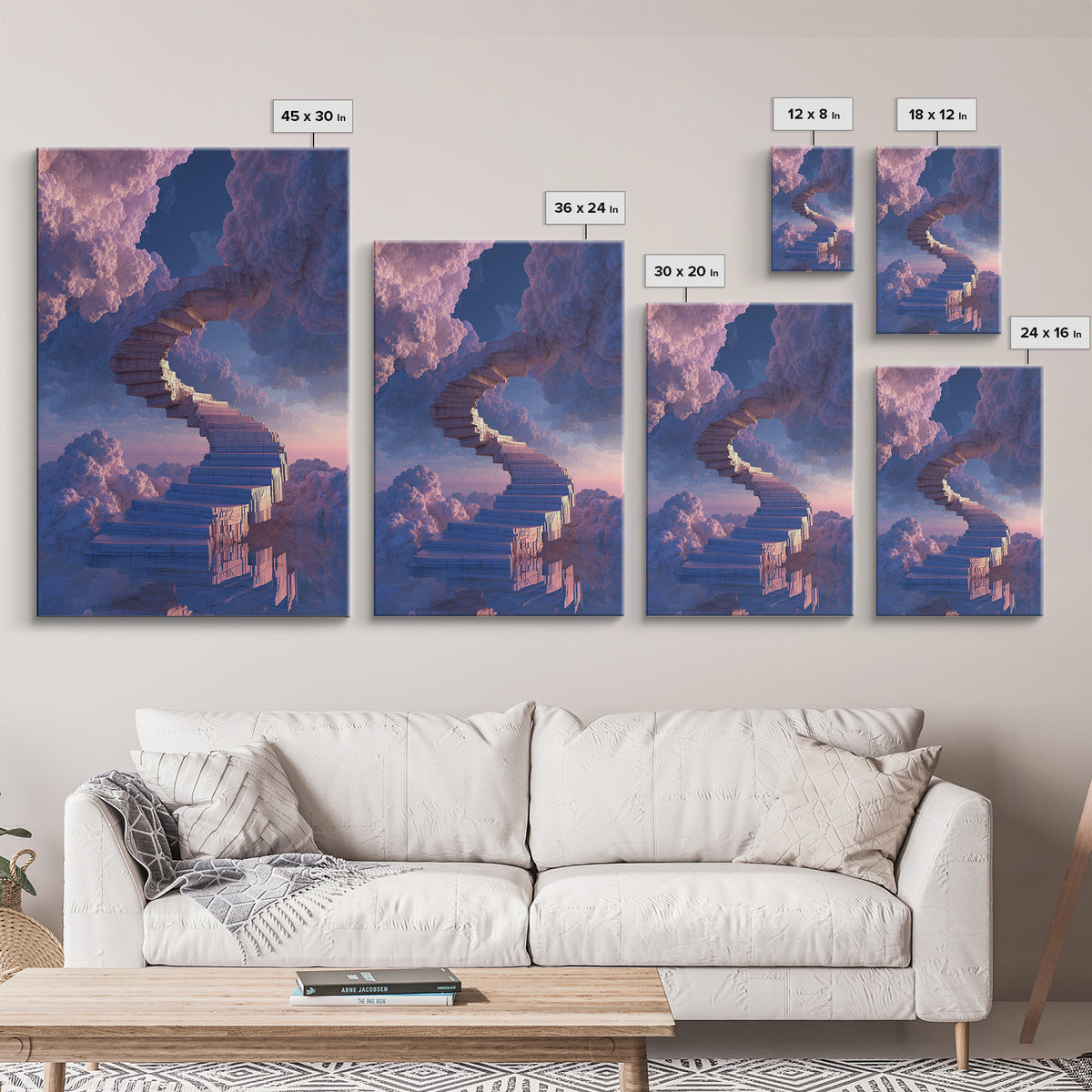 Stairway Through Pink Clouds Framed Canvas Print, Surreal Sky Wall Art, Dreamy Fantasy Decor, Ethereal Home Decor Gift Idea