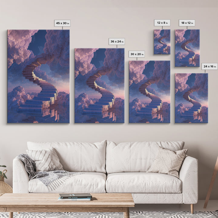 Stairway Through Pink Clouds Framed Canvas Print, Surreal Sky Wall Art, Dreamy Fantasy Decor, Ethereal Home Decor Gift Idea