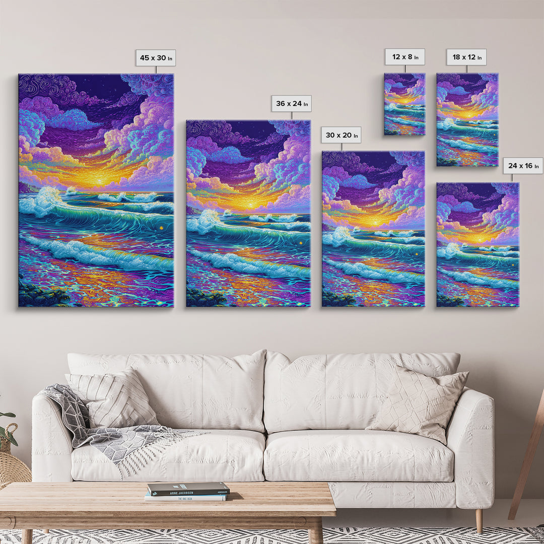 Colorful Ocean Waves Sunset Abstract Seascape Wall Art Canvas Print Bright Relaxing Living Room Decor Modern Coastal Art