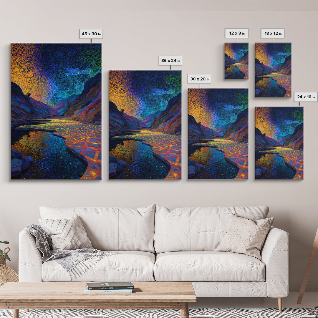 Sacred Geometry Canyon River Wall Art, Flower Of Life Landscape Print, Psychedelic Nature Decor, Meditation Room Wall Art