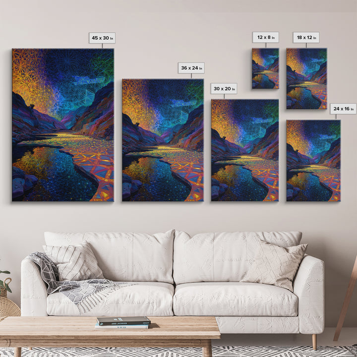 Sacred Geometry Canyon River Wall Art, Flower Of Life Landscape Print, Psychedelic Nature Decor, Meditation Room Wall Art