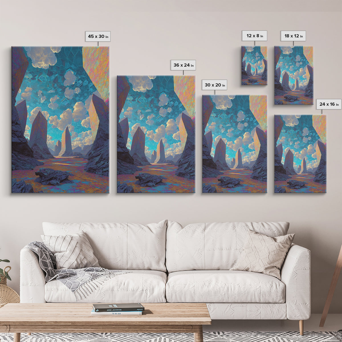 Surreal Crystal Canyon With Floating Clouds Framed Canvas Print, Futuristic Landscape Wall Art, Sci Fi Home Decor, Office Decor