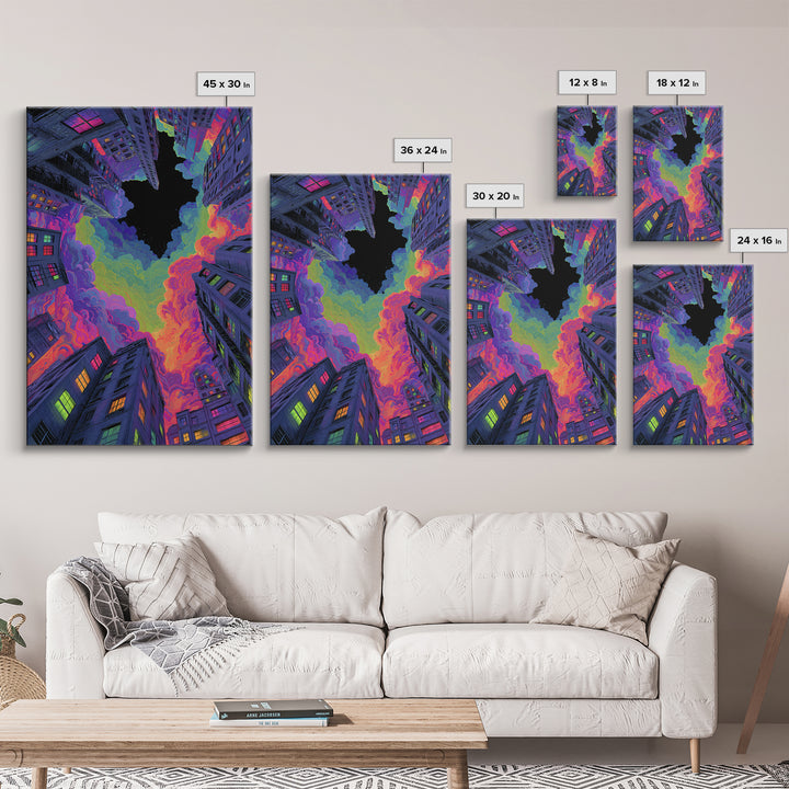 Neon City Skyscrapers Under Rainbow Clouds Wall Art, Urban Pop Art Print, Cyberpunk Decor, Modern Maximalist Living Room Wall Art