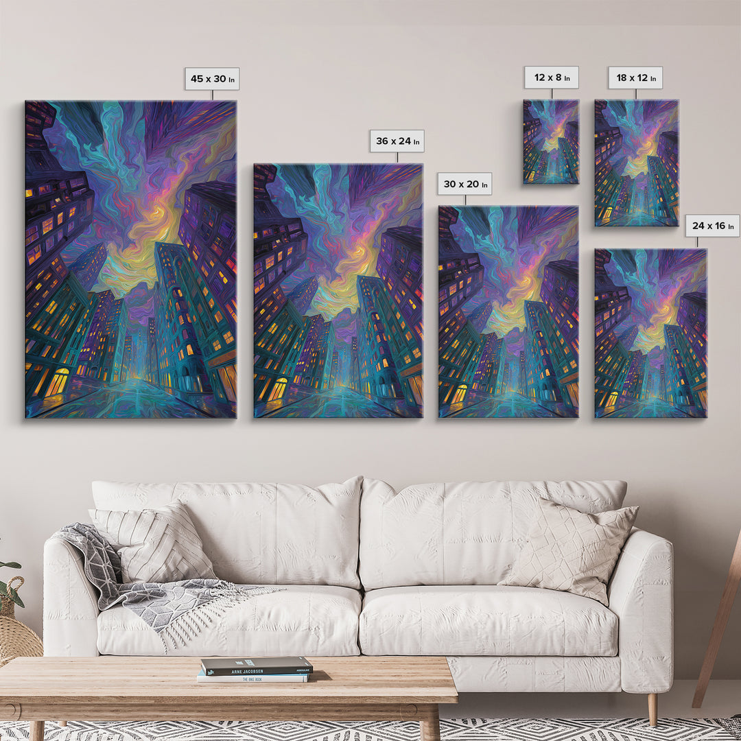 Swirling Neon City Skyline Framed Canvas Print, Psychedelic Urban Wall Art, Modern Apartment Decor, Colorful Living Room Gift