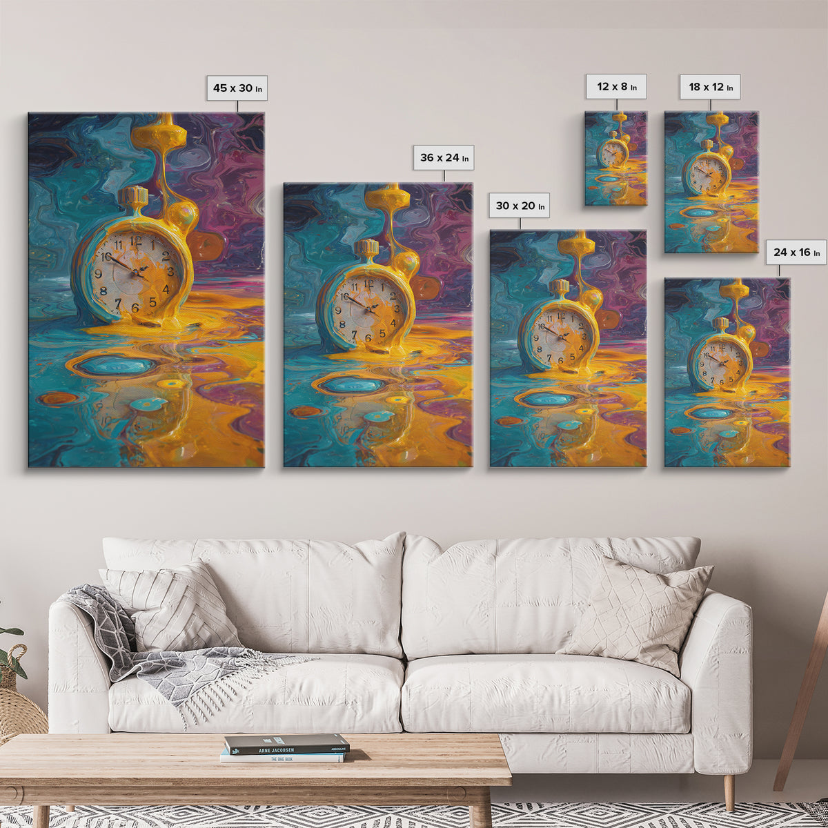 Melting Golden Alarm Clock Canvas Print, Surreal Wall Art, Colorful Abstract Painting, Whimsical Office Decor, Unique Gift