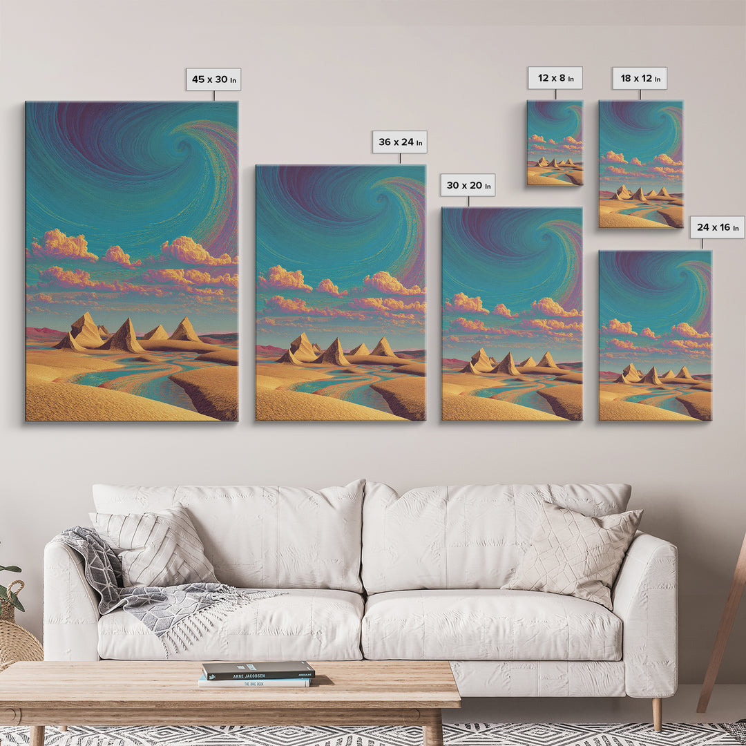Surreal Desert Landscape With Pyramids And Swirling Sky Wall Art Modern Contemporary Canvas Print For Home Decor