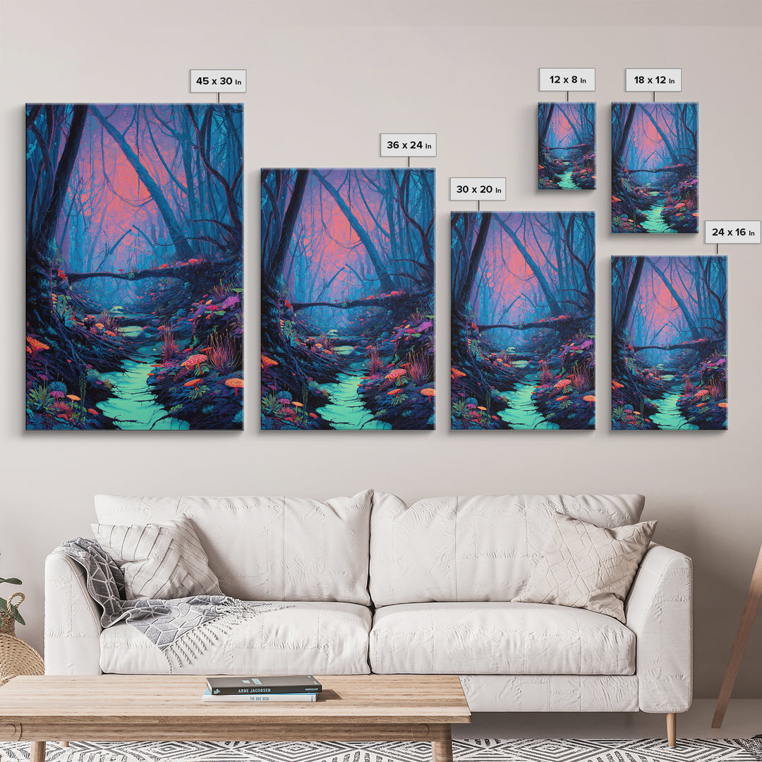 Enchanted Forest With Vibrant Colors And Glowing Mushrooms Fantasy Wall Art Print