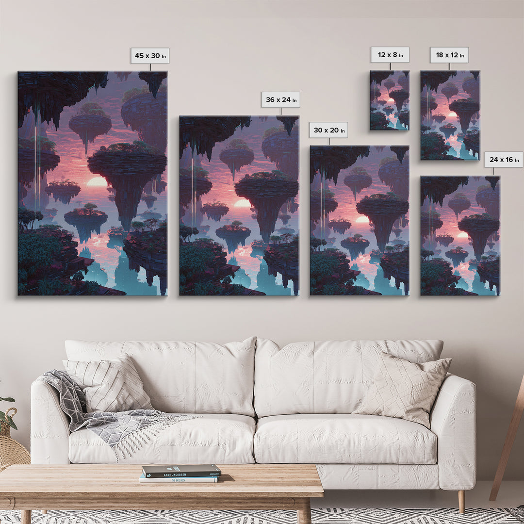 Futuristic Floating Islands With Lush Trees And Sunset Digital Fantasy Artwork Canvas Print Wall Art
