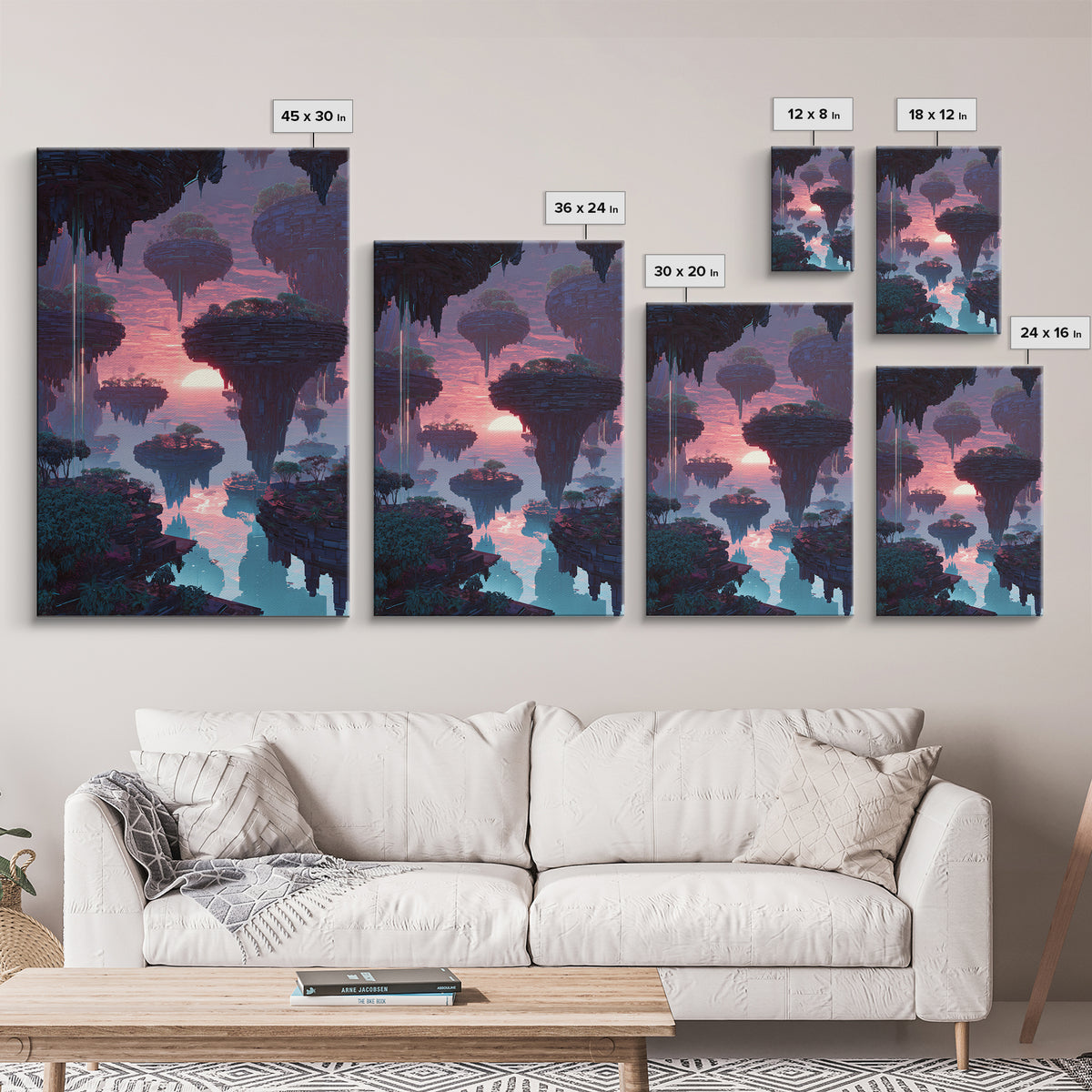 Futuristic Floating Islands With Lush Trees And Sunset Digital Fantasy Artwork Canvas Print Wall Art