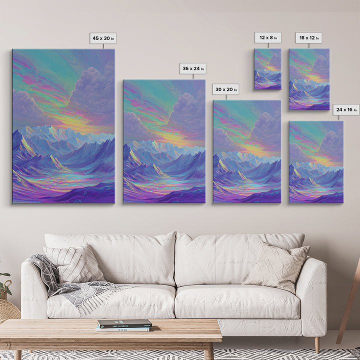 Iridescent Pastel Mountain Landscape Wall Art, Dreamy Alpine Canvas Print, Serene Calming Nature Decor, Above Bed Gift For Her