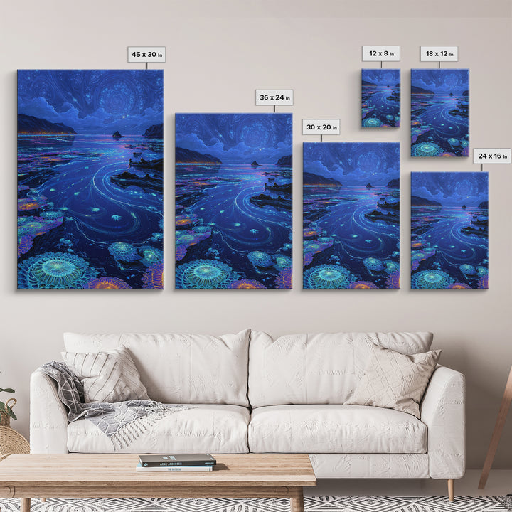 Bioluminescent Ocean Tide Pools Canvas Print, Blue Seascape Wall Art, Coastal Decor, Mystical Nature Art For Living Room