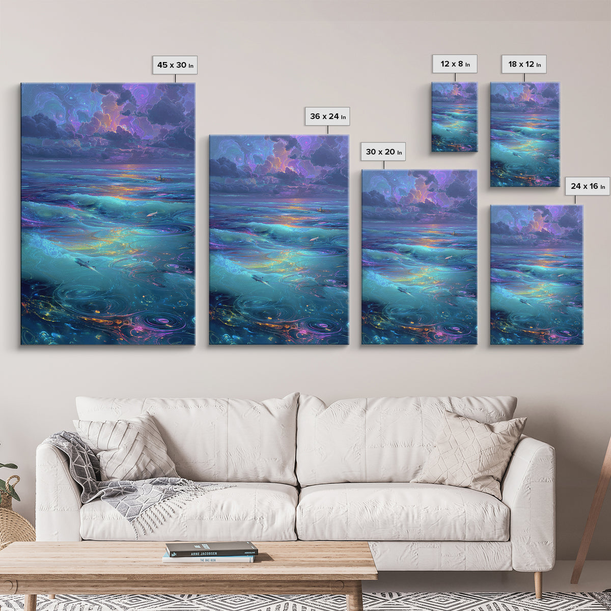 Fantasy Oceanic Scene With Sharks And Mystical Water Ripples Vibrant Colorful Wall Art Canvas Print