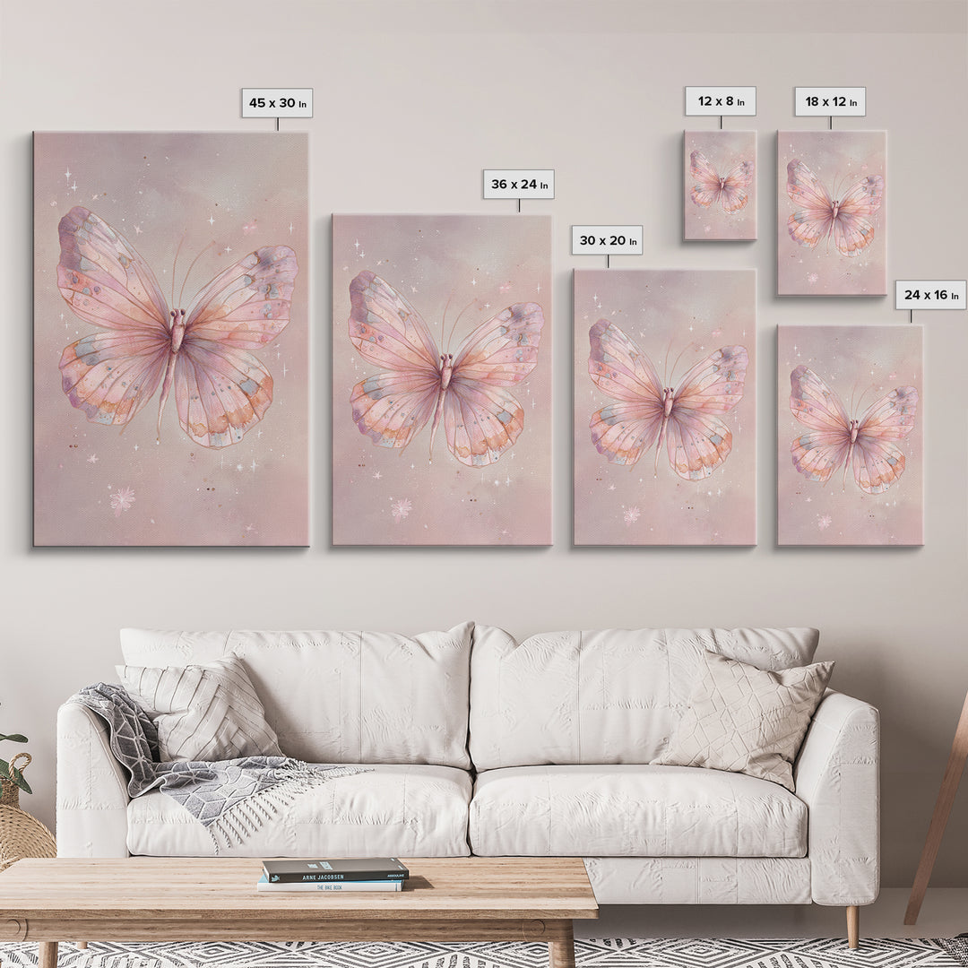 Pastel Pink Butterfly Watercolor Wall Art, Whimsical Butterfly Art Print, Nursery Decor, Feminine Bedroom Canvas Print Gift