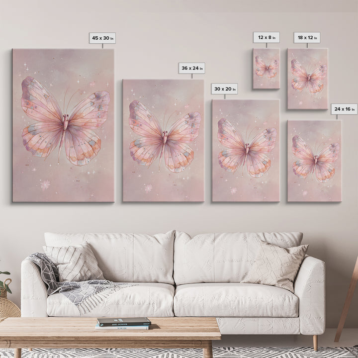 Pastel Pink Butterfly Watercolor Wall Art, Whimsical Butterfly Art Print, Nursery Decor, Feminine Bedroom Canvas Print Gift