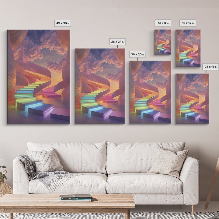 Dreamy Rainbow Stairway To Clouds Canvas Print, Surreal Pastel Fantasy Art, Celestial Wall Decor For Bedroom Home Decor Gift