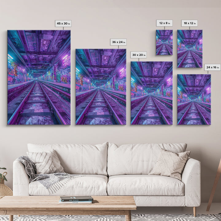 Neon Graffiti Subway Tunnel Wall Art, Cyberpunk City Canvas Print, Urban Street Decor, Apartment Gaming Room Gift For Him