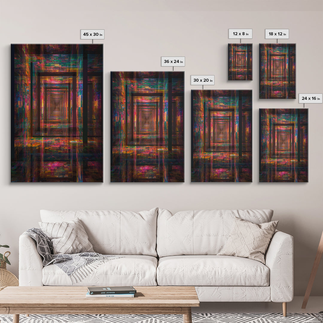 Neon Glitch Infinite Corridor, Cyberpunk Abstract Wall Art, Futuristic Canvas Print, Gaming Room Decor, Modern Office Art