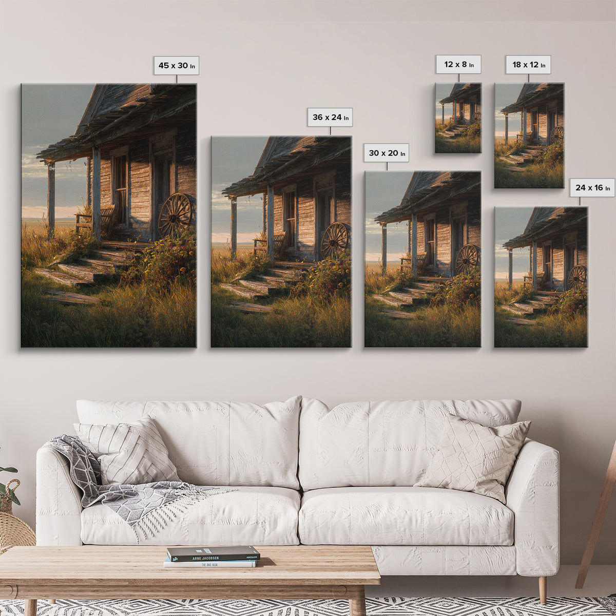 Rustic Old Wooden Cabin Porch With Wagon Wheel Country Landscape Wall Art Canvas Print For Farmhouse Decor