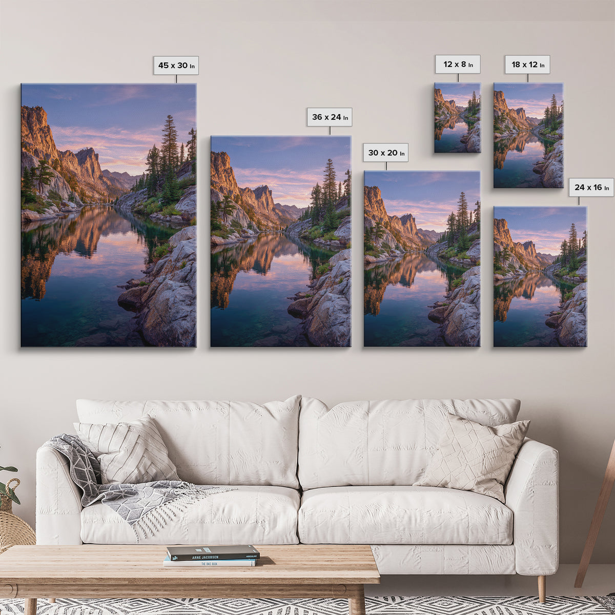 Stunning Mountain Lake Reflection At Sunset With Rocky Peaks And Pine Trees Wall Art Framed Canvas Print For Living Room
