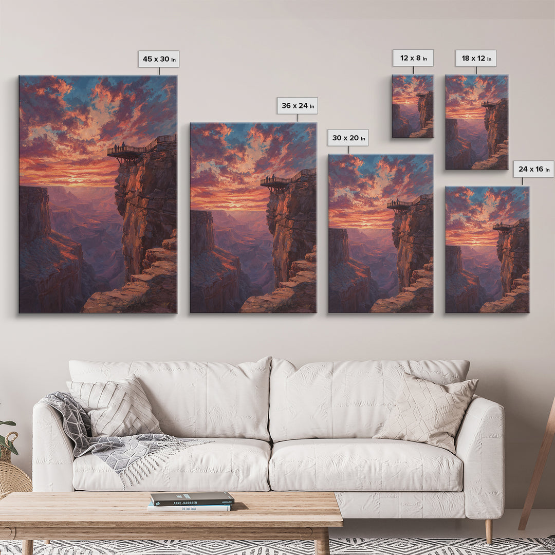 Grand Canyon Sunset With Dramatic Sky And Viewers On Overlook Wall Art Framed Canvas Print For Living Room Home Decor