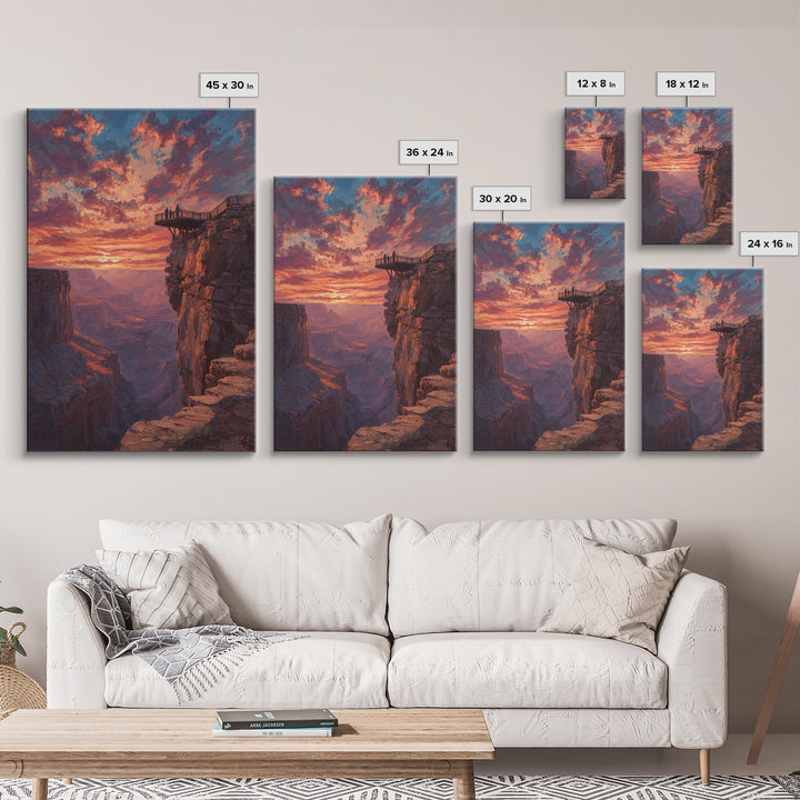 Grand Canyon Sunset With Dramatic Sky And Viewers On Overlook Wall Art Framed Canvas Print For Living Room Home Decor