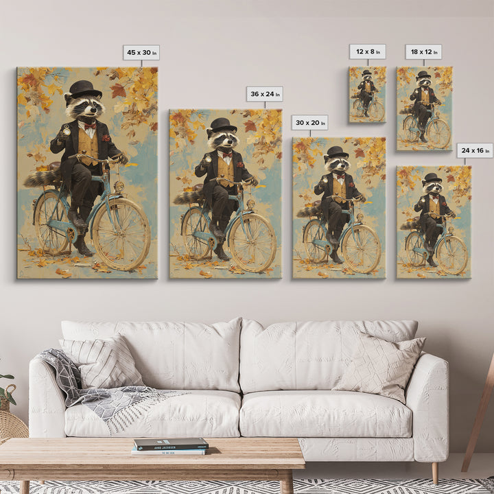 Whimsical Raccoon Riding Bicycle Canvas Print, Dapper Animal Wall Art For Nursery Room Decor And Quirky Animal Lover Gift