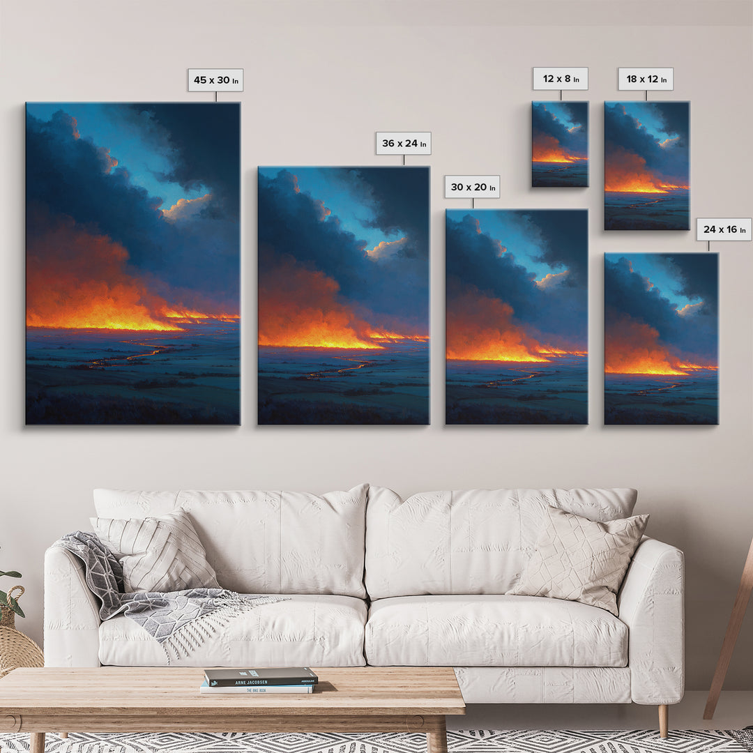 Dramatic Fire And Smoke Landscape Painting Large Wall Art Canvas Print For Rustic Home Decor And Office