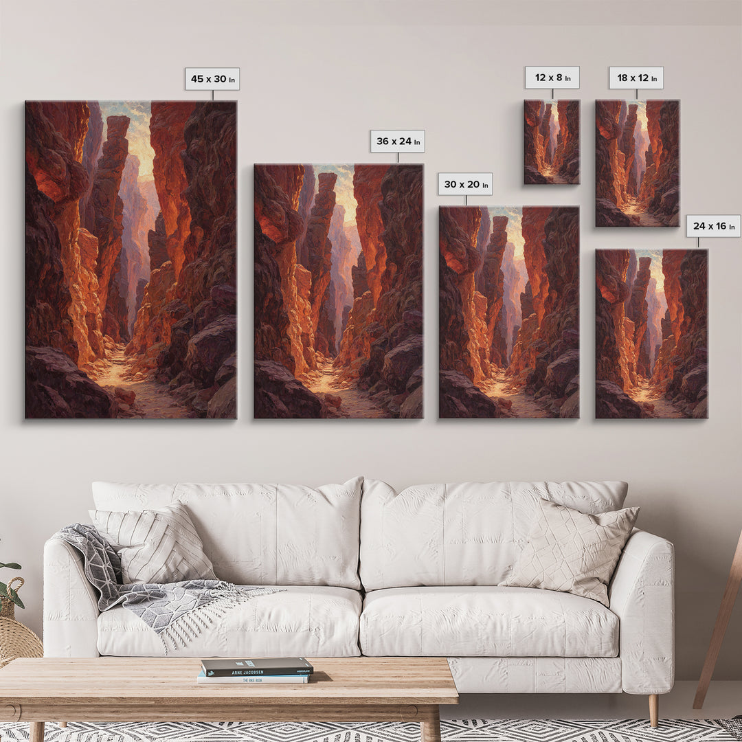 Sunlit Rocky Canyon With Warm Tones Nature Painting Wall Art Canvas Print Large Landscape Home Decor And Original Art