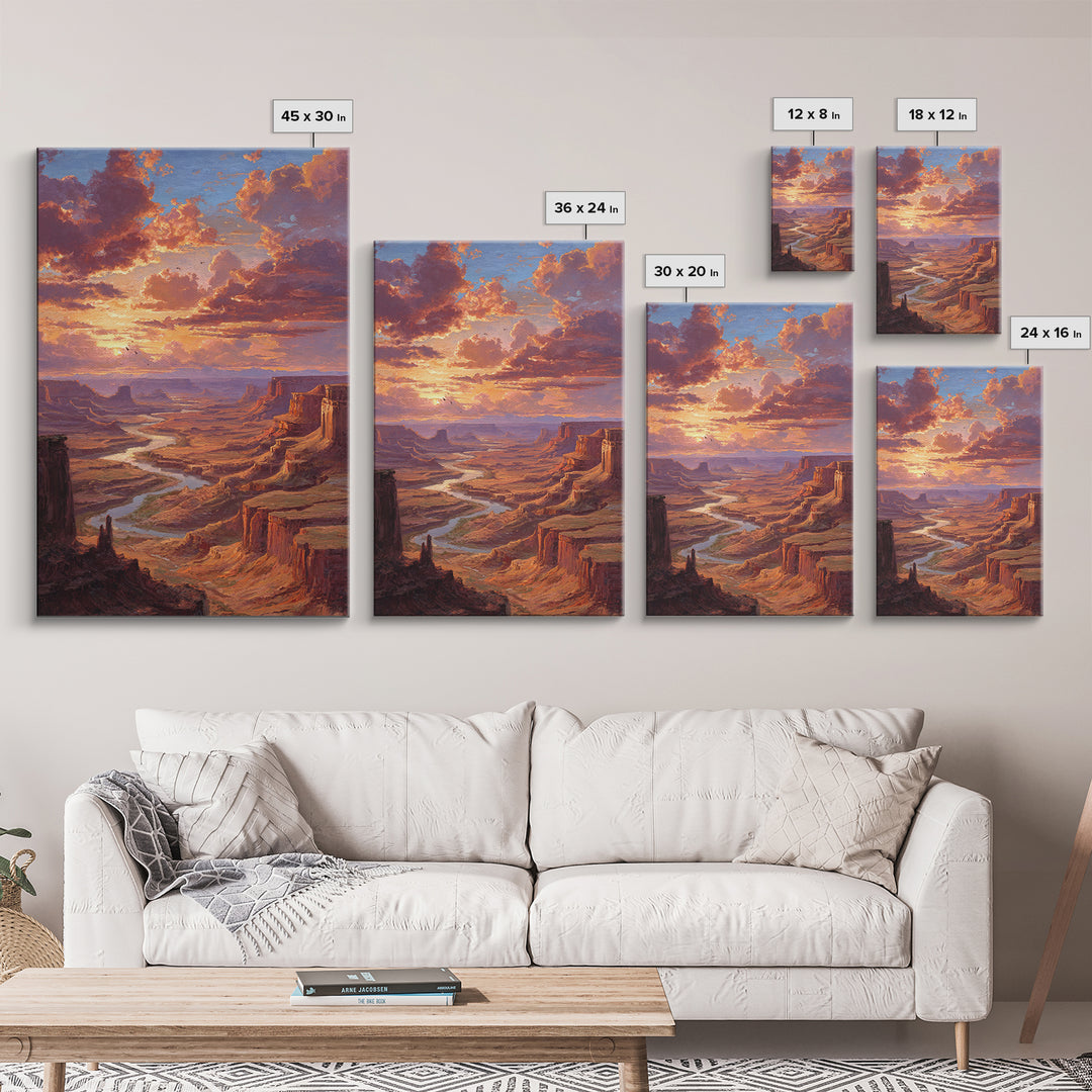 Sunset Over Canyon River Oil Painting Landscape Wall Art Large Framed Canvas Print Rustic Home Decor Gift For Nature Lovers