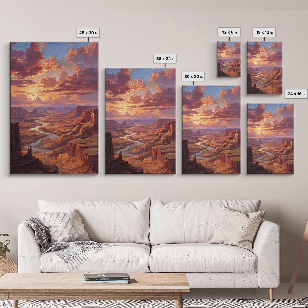 Sunset Over Canyon River Oil Painting Landscape Wall Art Large Framed Canvas Print Rustic Home Decor Gift For Nature Lovers