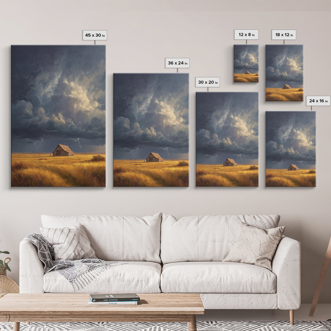 Rustic Barn In Stormy Field Landscape Wall Art With Dramatic Sky Lightning Canvas Print For Living Room Decor