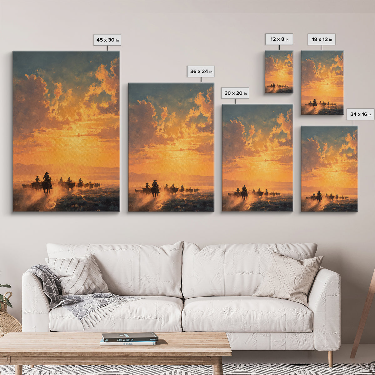 Sunset Cowboy Cattle Drive Ranch Scene Oil Painting Wall Art Framed Canvas Print For Rustic Farmhouse Home Decor