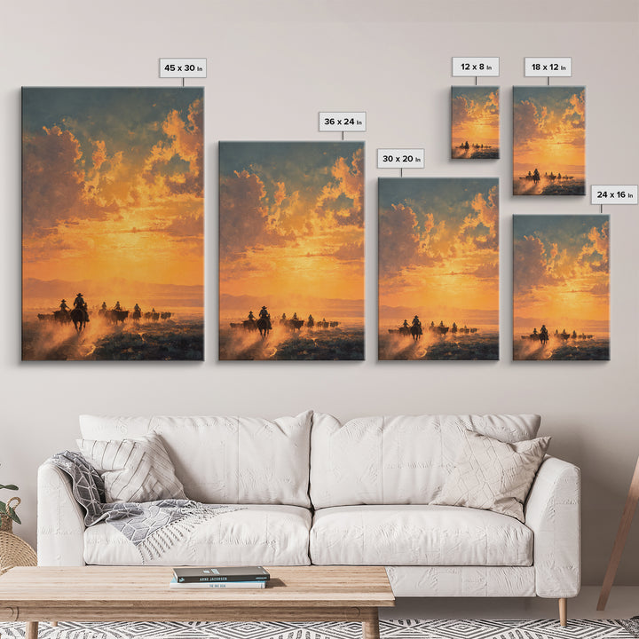 Sunset Cowboy Cattle Drive Ranch Scene Oil Painting Wall Art Framed Canvas Print For Rustic Farmhouse Home Decor