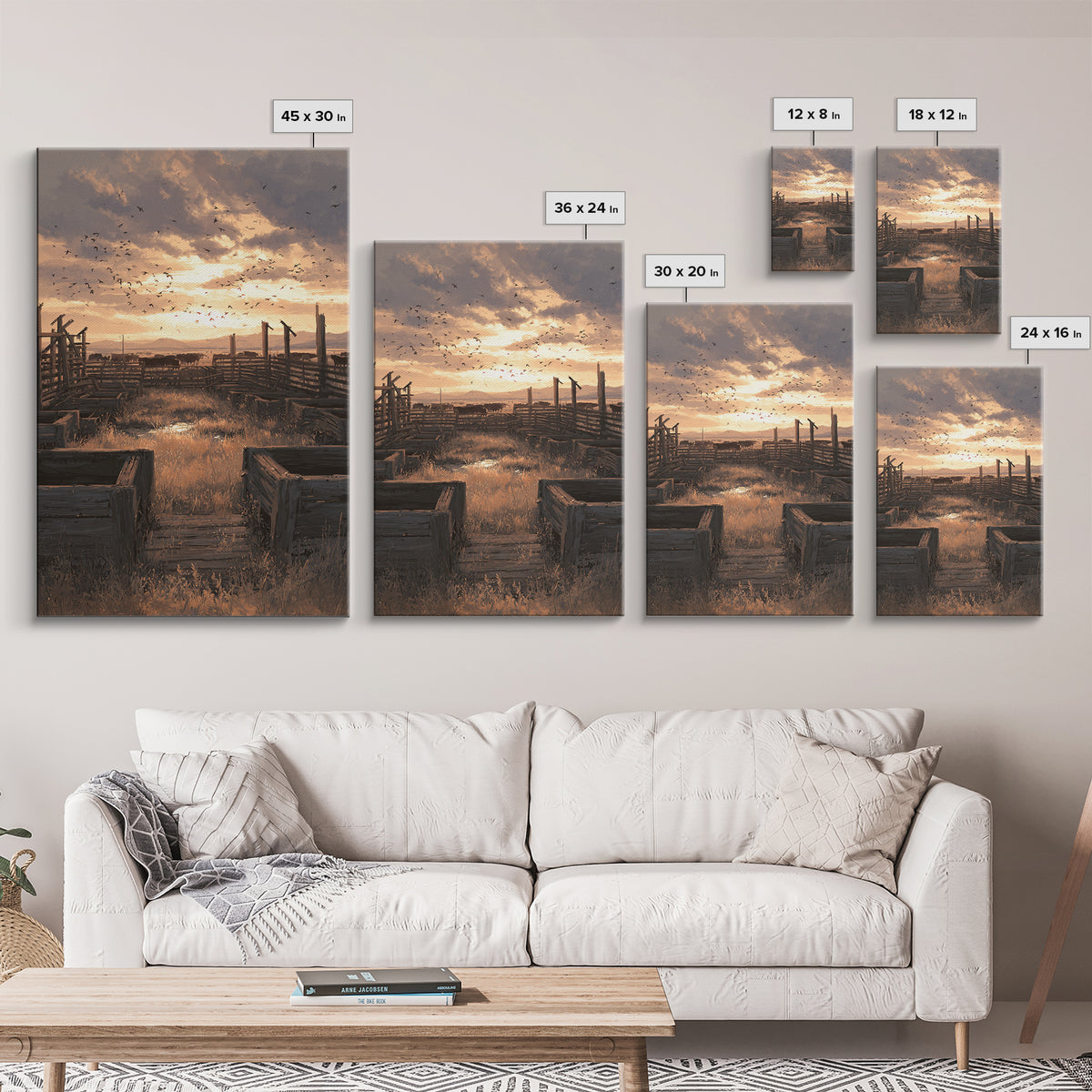 Rustic Landscape Oil Painting Of Cattle Corral At Sunset Wall Art Framed Canvas Print For Farmhouse Decor