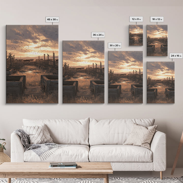 Rustic Landscape Oil Painting Of Cattle Corral At Sunset Wall Art Framed Canvas Print For Farmhouse Decor