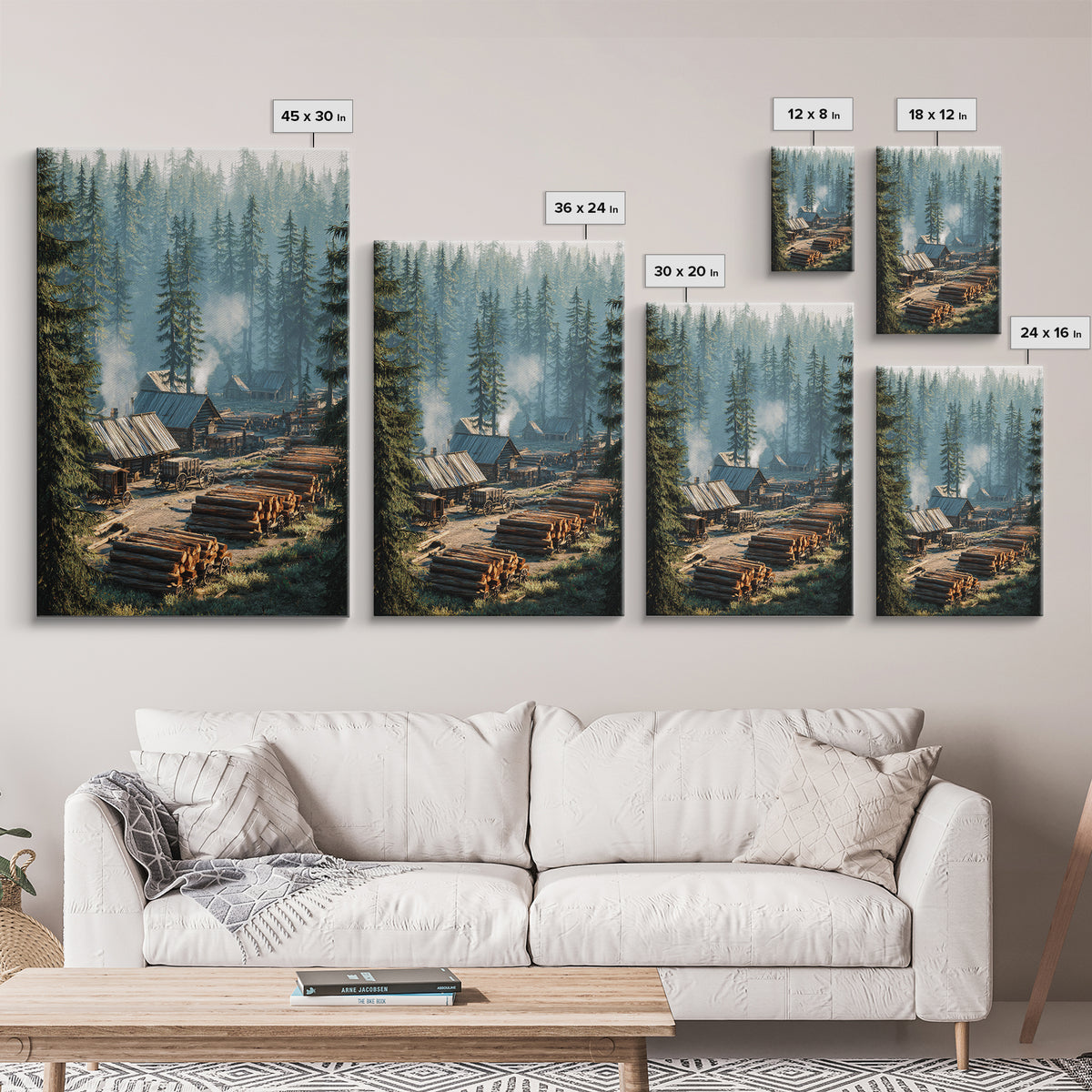 Rustic Log Cabin Village In Misty Forest Painting Wall Art Canvas Print For Cozy Home Decor Living Room Wall Art