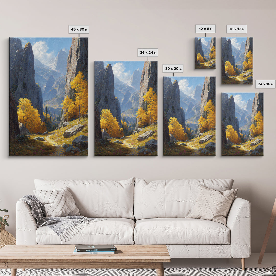Majestic Mountain Valley Fall Landscape Painting Wall Art Framed Canvas Print For Warm Autumn Home Decor Living Room