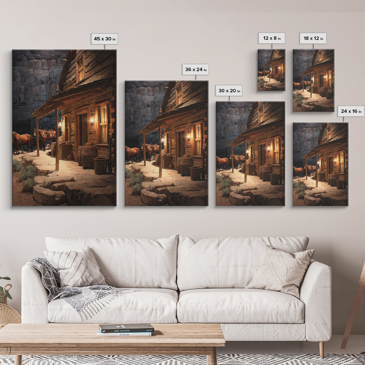 Rustic Western Cabin With Horses At Dusk Warm Oil Painting Wall Art Framed Canvas Print For Cozy Living Room
