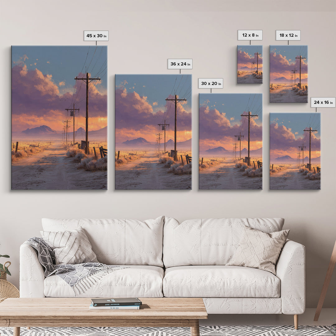 Desert Sunset Road With Power Poles And Mountains Minimalist Landscape Wall Art Framed Canvas Print For Modern Home