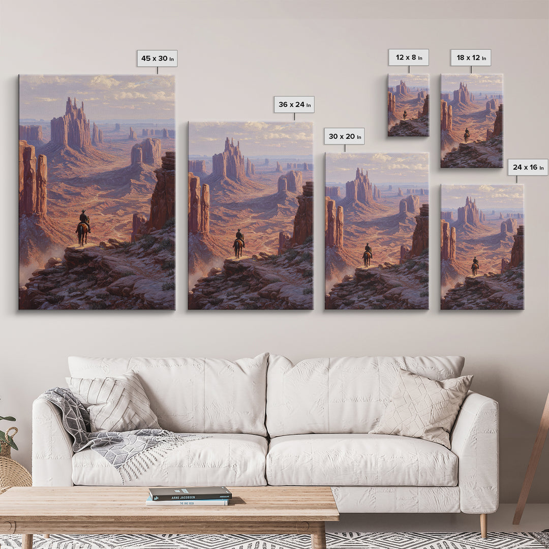 Western Cowboy Silhouette Watching Monument Valley Sunset Wall Art Print For Rustic Home Decor Living Room Framed Canvas Print