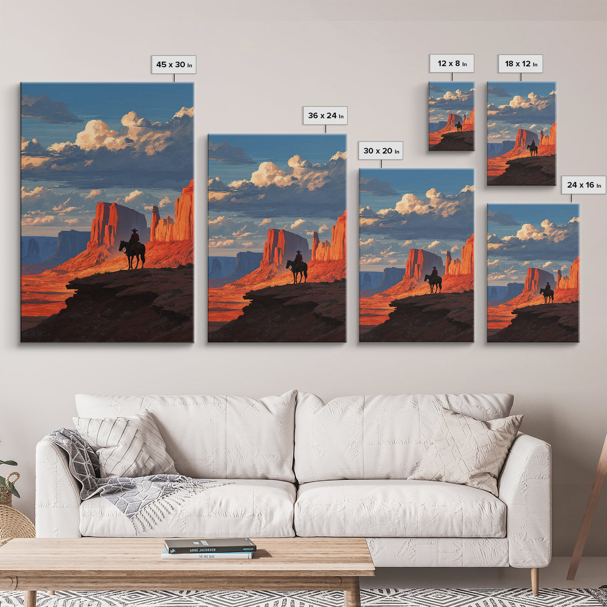 Cowboy On Horse Looking Over Red Rock Canyon Landscape Sunset Western Wall Art Canvas Print